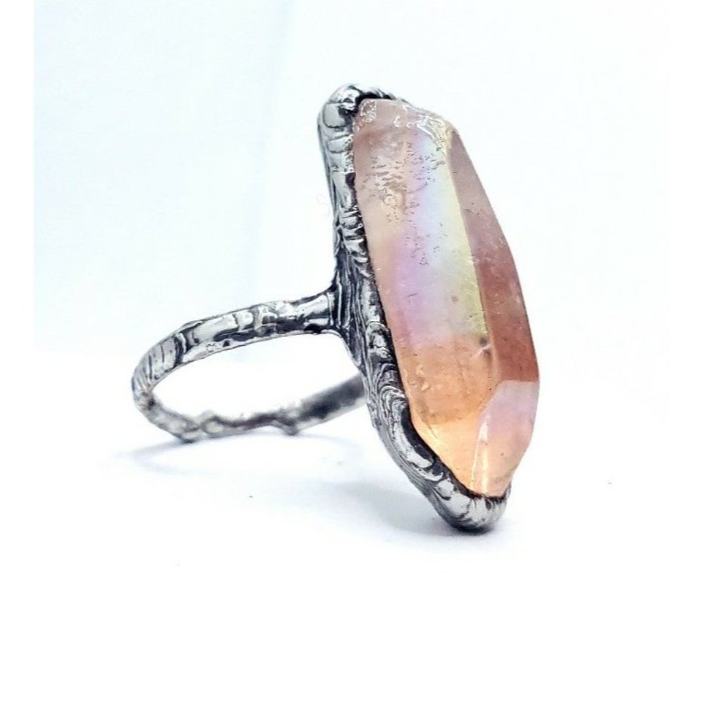 Trade w Christine 🐉 Hand Crafted Pink Aura Quartz Crystal Stainless steel ring - Picture 2 of 12